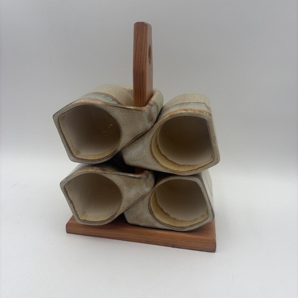 4 Rodolfo Padilla Stacking Coffee Mugs Stand Beige Blue Tan Drip Glaze Stoneware